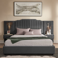 Queen Size Upholstered Bed Frame with Velvet Fabric, Vertical Stripe Design with Buttons Around Platform Bed with Headboard, Solid Frame & Bedside Table - No Box Spring Needed-Gray
