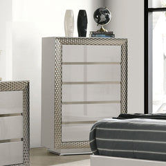 1pc Chest 5-Drawers Plinth Base Silver Molding Glass Shelf Felt Lined Drawers Gray Finish Glam Style Bedroom Furniture