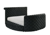 1pc Luxurious Queen Size Bed Deeply Tufted Headboard Nail Head Trim Upholstered Sumptuous Black Velvet Footboard w Integrated Television Lift Mechanism Built-in Electric Fireplace Storage Furniture