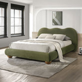Olive Green Color 1pc Queen Size Bed Boucle Upholstered Round Bun Wood Feet Bedroom Furniture