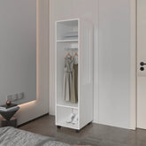 White 3-Shelf Wardrobe with Mirror and Open Storage