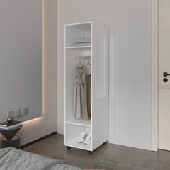 White 3-Shelf Wardrobe with Mirror and Open Storage