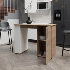 White and Natural Oak Kitchen Island with 1-Door and Open Storage