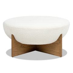 Bali 37" Round Upholstered Cocktail Ottoman with Natural Wood Base, Ivory White Boucle