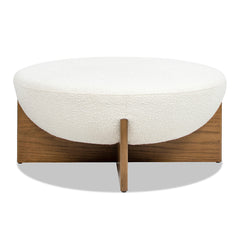 Bali 37" Round Upholstered Cocktail Ottoman with Natural Wood Base, Ivory White Boucle