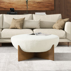 Bali 37" Round Upholstered Cocktail Ottoman with Natural Wood Base, Ivory White Boucle