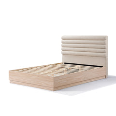 Queen Wood Bed Frame with Boucle Fabric Upholstered Headboard