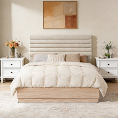 Queen Wood Bed Frame with Boucle Fabric Upholstered Headboard