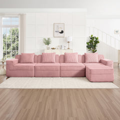 Modular 4 Seat L Shape Sectional Boneless Sofa, Cloud Sectional Couch with Deep Seat, Modern Modular 4-Seat Sofa Couch with Throw Pillows and 1 Movable Ottoman, Corduroy Fabric Pink