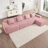Modular 4 Seat L Shape Sectional Boneless Sofa, Cloud Sectional Couch with Deep Seat, Modern Modular 4-Seat Sofa Couch with Throw Pillows and 1 Movable Ottoman, Corduroy Fabric Pink