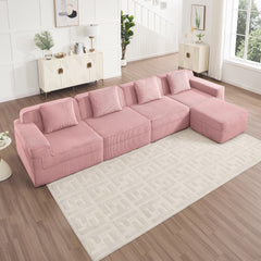 Modular 4 Seat L Shape Sectional Boneless Sofa, Cloud Sectional Couch with Deep Seat, Modern Modular 4-Seat Sofa Couch with Throw Pillows and 1 Movable Ottoman, Corduroy Fabric Pink