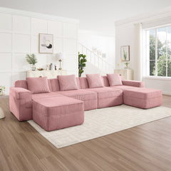 Modular 4 Seat U Shape Sectional Boneless Sofa, Cloud Sectional Couch with Deep Seat, Modern Modular 4-Seat Sofa Couch with Throw Pillows and 2 Movable Ottomans, Corduroy Fabric Pink