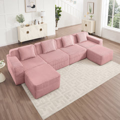 Modular 4 Seat U Shape Sectional Boneless Sofa, Cloud Sectional Couch with Deep Seat, Modern Modular 4-Seat Sofa Couch with Throw Pillows and 2 Movable Ottomans, Corduroy Fabric Pink