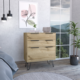 Light Dresser 35 inchH, Three Drawers, Superior Top, Hairpin Legs, Light Oak