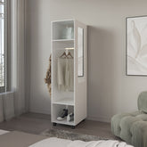 Armoire 63 inchH, with 3 Shelves, 1 Mirror, and 4 Wheels, White