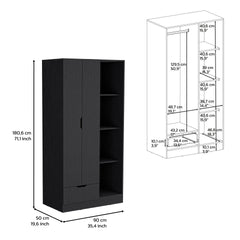 Armoire 71H inch with 1-Drawer and 4-Tier Open Shelves, 2 Doors, Black