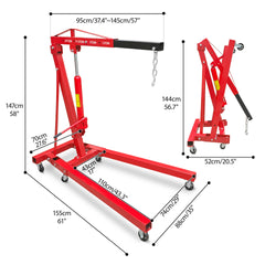 2 Ton Folding Hydraulic Engine Hoist with Lever, 4400 lbs Folding Engine Shop Crane Hoist Lift, Heavy Duty Cherry Picker Engine Lift with 6 Iron Caster Wheels for Garage Workshop