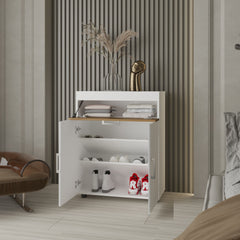 FM FURNITURE North Fork Shoe Rack, Pneumatic Lift-Up Compartment, Dual Doors, White and Natural Oak