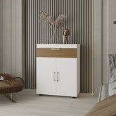 FM FURNITURE North Fork Shoe Rack, Pneumatic Lift-Up Compartment, Dual Doors, White and Natural Oak