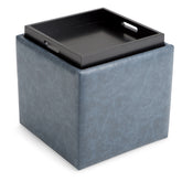 Rockwood 17 inch Wide Cube Storage Ottoman with Tray in Denim Blue Vegan Leather