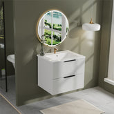 24 Inch Bathroom Vanity Cabinet With Ceramic Sink - White Wall Mounted Floating Fluted Vanity With Drawers, Modern