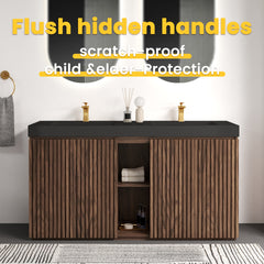GALAN 60F" Winston Walnut Bathroom Vanity with Sink, Large Storage Freestanding Bathroom Vanity for Modern Bathroom, One-Piece Black Quartz Double Sink Basin without Drain and Faucet, KD