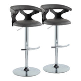 Gardenia Contemporary Adjustable Barstool with Swivel in Black Wood, Chrome Metal and Grey Faux Leather with Rounded T Footrest by LumiSource - Set of 2