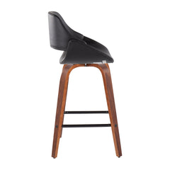 Fabrico Mid-Century Modern Fixed-Height Counter Stool in Walnut Wood with Square Black Footrest and Black Faux Leather by LumiSource - Set of 2