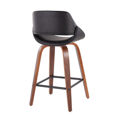 Fabrico Mid-Century Modern Fixed-Height Counter Stool in Walnut Wood with Square Black Footrest and Black Faux Leather by LumiSource - Set of 2