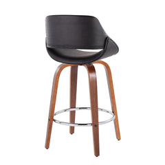 Fabrico Mid-Century Modern Fixed-Height Counter Stool in Walnut Wood with Round Chrome Footrest and Black Faux Leather by LumiSource - Set of 2