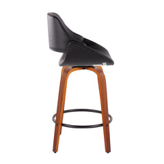 Fabrico Mid-Century Modern Fixed-Height Counter Stool in Walnut Wood with Round Black Footrest and Black Faux Leather by LumiSource - Set of 2