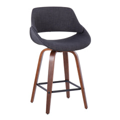 Fabrico 26" Mid-Century Modern Fixed-Height Counter Stool in Walnut Wood and Charcoal Fabric with Square Black Metal Footrest by LumiSource - Set of 2