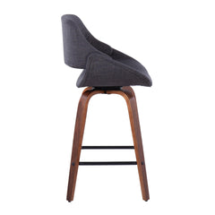 Fabrico 26" Mid-Century Modern Fixed-Height Counter Stool in Walnut Wood and Charcoal Fabric with Square Black Metal Footrest by LumiSource - Set of 2