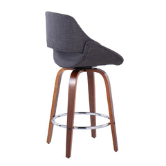 Fabrico 26" Mid-Century Modern Fixed-Height Counter Stool in Walnut Wood and Charcoal Fabric with Round Chrome Metal Footrest by LumiSource - Set of 2