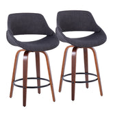 Fabrico 26" Mid-Century Modern Fixed-Height Counter Stool in Walnut Wood and Charcoal Fabric with Round Black Metal Footrest by LumiSource - Set of 2