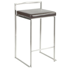 Fuji 26" Contemporary Stackable Counter Stool in Brushed Stainless Steel with Brown Faux Leather by LumiSource - Set of 3