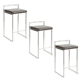 Fuji 26" Contemporary Stackable Counter Stool in Brushed Stainless Steel with Brown Faux Leather by LumiSource - Set of 3