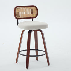 Set of 3, 26-Inch Counter Height Bar Stools - Walnut Black, Cane Rattan Back, Beige Linen Upholstered Seat, Swivel Design for Kitchen Island/Bar/Counter,SW3766BG