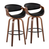 Symphony 30" Mid-Century Modern Fixed-Height Barstool with Swivel in Walnut Wood and Black Faux Leather with Round Black Metal Footrest by LumiSource - Set of 2