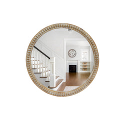 Round Decorative Wall Mirror, 27.5" Distressed Wood Beaded Frame Mirror for Entryway, Living Room, Bathroom, Farmhouse Style Accent Mirror