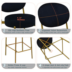 2-Pack Modern Velvet Bar Stools with Gold Metal Legs Accent Round Counter Stools for Kitchen Island, Home Bar (Black)