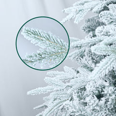 7.5ft Pre-Lit Flocked Artificial Christmas Tree with 650 Warm White Incandescent Lights, 3135 Tips, Snowy PE+PVC Hinged Pine with Partial Memory Wire Branches, Foldable Metal Stand for Holiday Dec