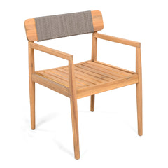 CREATIVE BRAIDED ACACIA WOOD OUTDOOR DINING CHAIRS WITH ARMRESTS, SUITABLE FOR OUTDOOR DINING AND LEISURE PLACES, TEAK LOOK & GREY ROPE,SET OF 2
