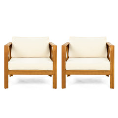 Outdoor Acacia Wood Club Wooden Armchair with Cushions (Set of 2), Conversation Set,Teak Finish,Beige Cushion