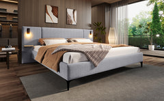 Chic Linen Upholstered Bed with Integrated Lights and Shelves, Grey, Queen