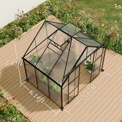 8X6FT-Black Double Door Polycarbonate Greenhouse Raised Base and Anchor Aluminum Heavy Duty Walk-in Greenhouses for Outdoor Backyard in All Season