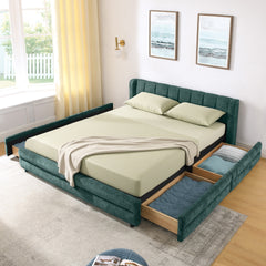 Queen Size Upholstered Bed Frame with Thick Fabric, comfortable upholstered bed frame, Chenille fabric, with headboard and solid bed frame. With drawer for storage-Blue+Green(86''*68.5''*67'')