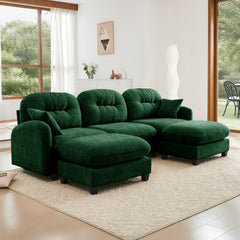 Modular Sectional U Shaped Couch With Ottoman,Premium Chenille Fabric,With 2 Throw Pillows,High-Density Foam Tufted Cushion Backrest Design,Easy Install,Fits Bedrooms,Reading Nooks,Green
