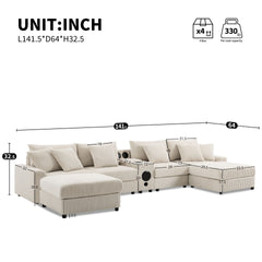 141.5*64'' Corduroy Sectional Sofa with Bluetooth Speakers, U-Shaped Couch with Console, USB Charger, Cup Holders, Storage, Ottoman, Deep and Wide Seat Cloud Sofa for Living Room&Apartment