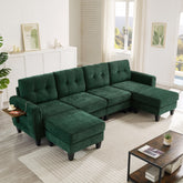 Modern Sectional Sofa 115" U-shaped Sofa Upholstered Sofa Couch with Two Movable Ottomans, USB Ports and Side Tables for Living Room, Green